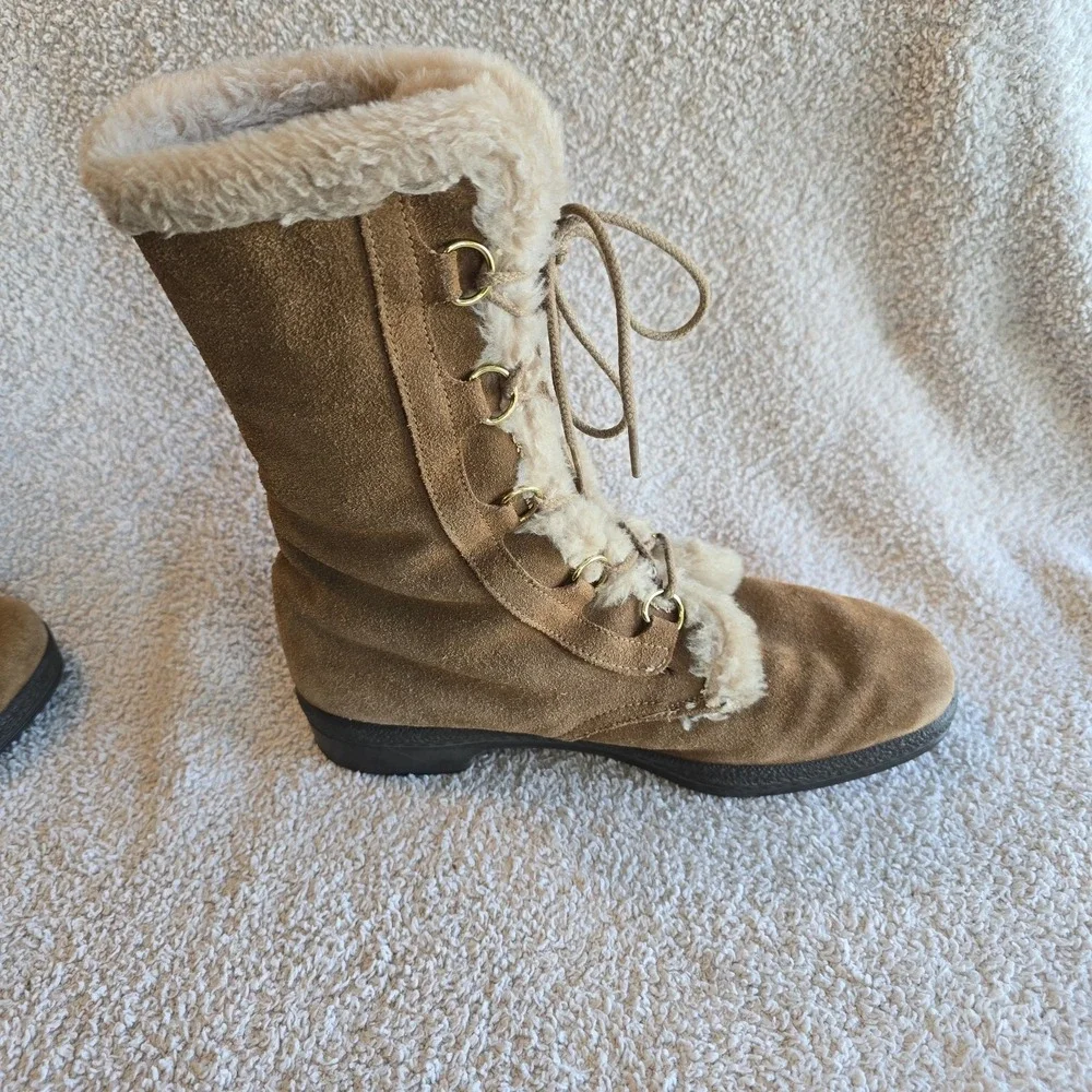 Vtg Yodelers Women's Brown Suede Winter Boots Faux Fur Trim Apres-ski Retro Boho